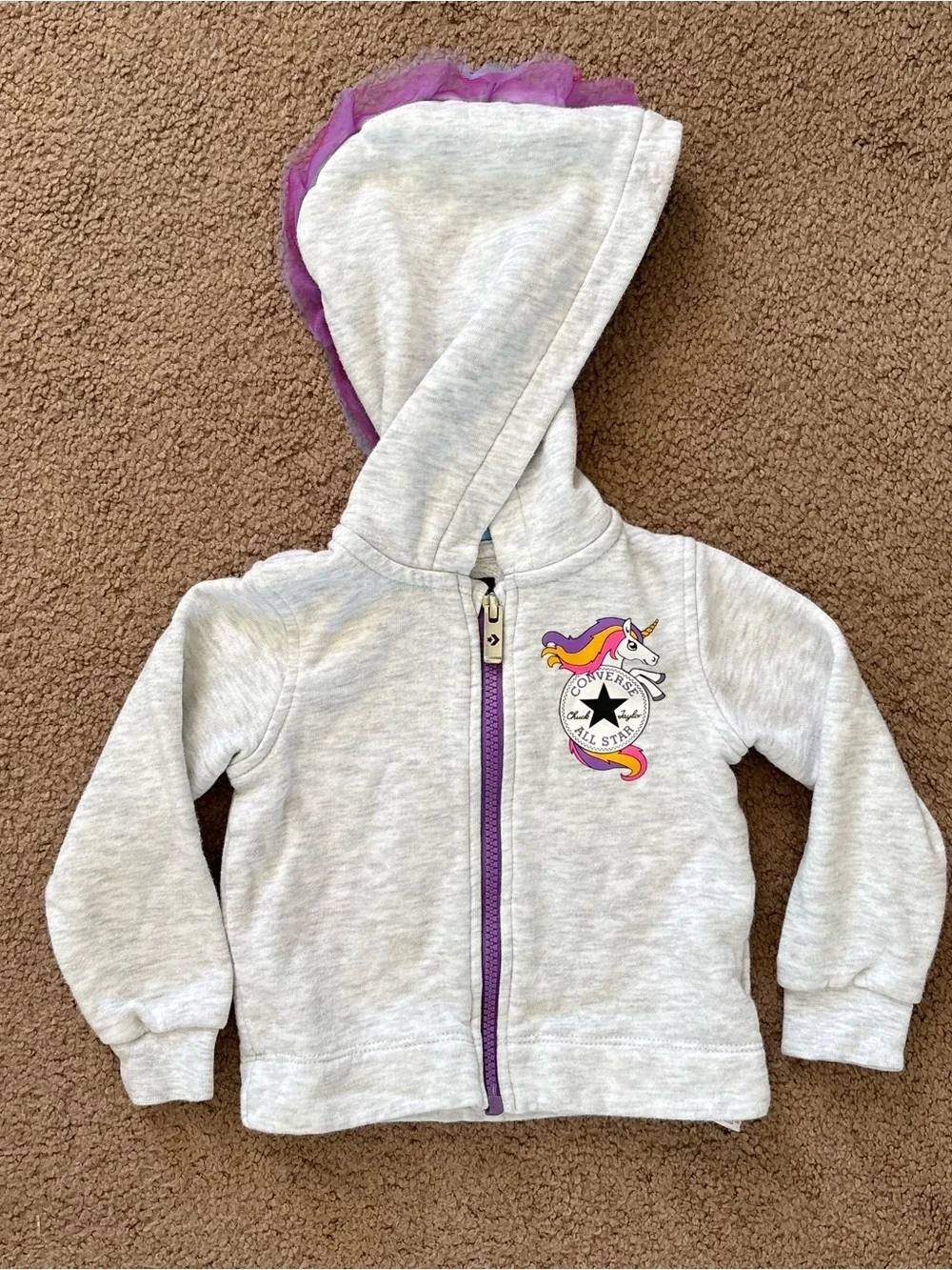 Converse Girls Gray Purple Fleece Full Zip Unicorn Hoodie 18M